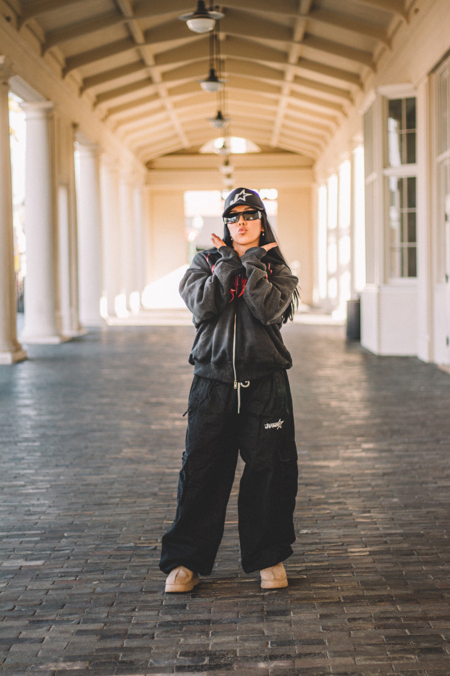 BLACK DENIM CARGO SNOW PANTS